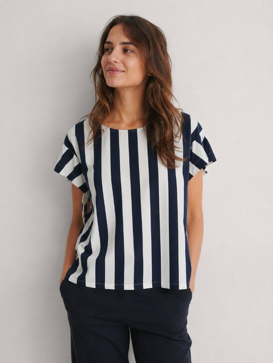 ICHI Tops - ICHI Navy & White Vertical Stripe Blouse | Size Small